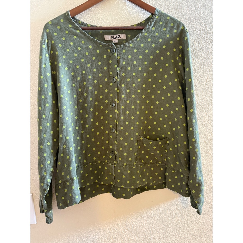 FLAX 100% Linen Polka Dot Button Down Top Green M Cropped Boxy Pocket Shirt
